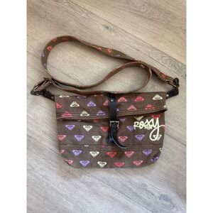 Roxy Brown Canvas Crossbody Bag Heart Logo Print Y2K Messenger Buckle Strap